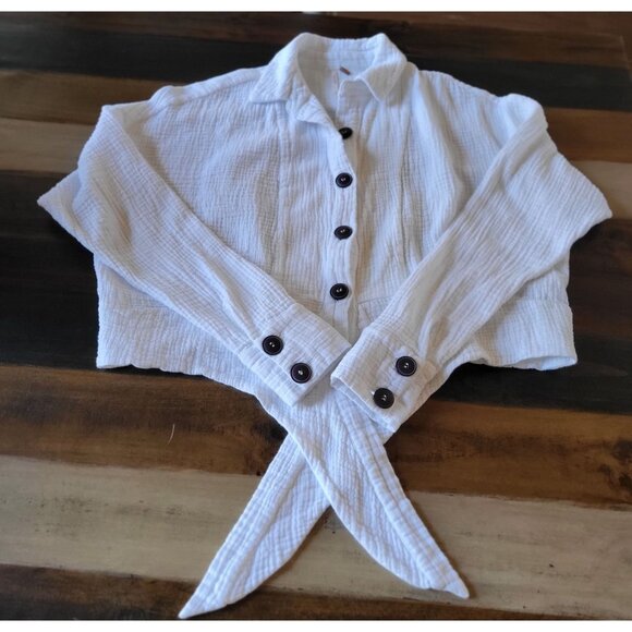 Free People 'Sun Streaks' Cropped Tie Front Top in White Gauze Relaxed Fit- S - Picture 2 of 9